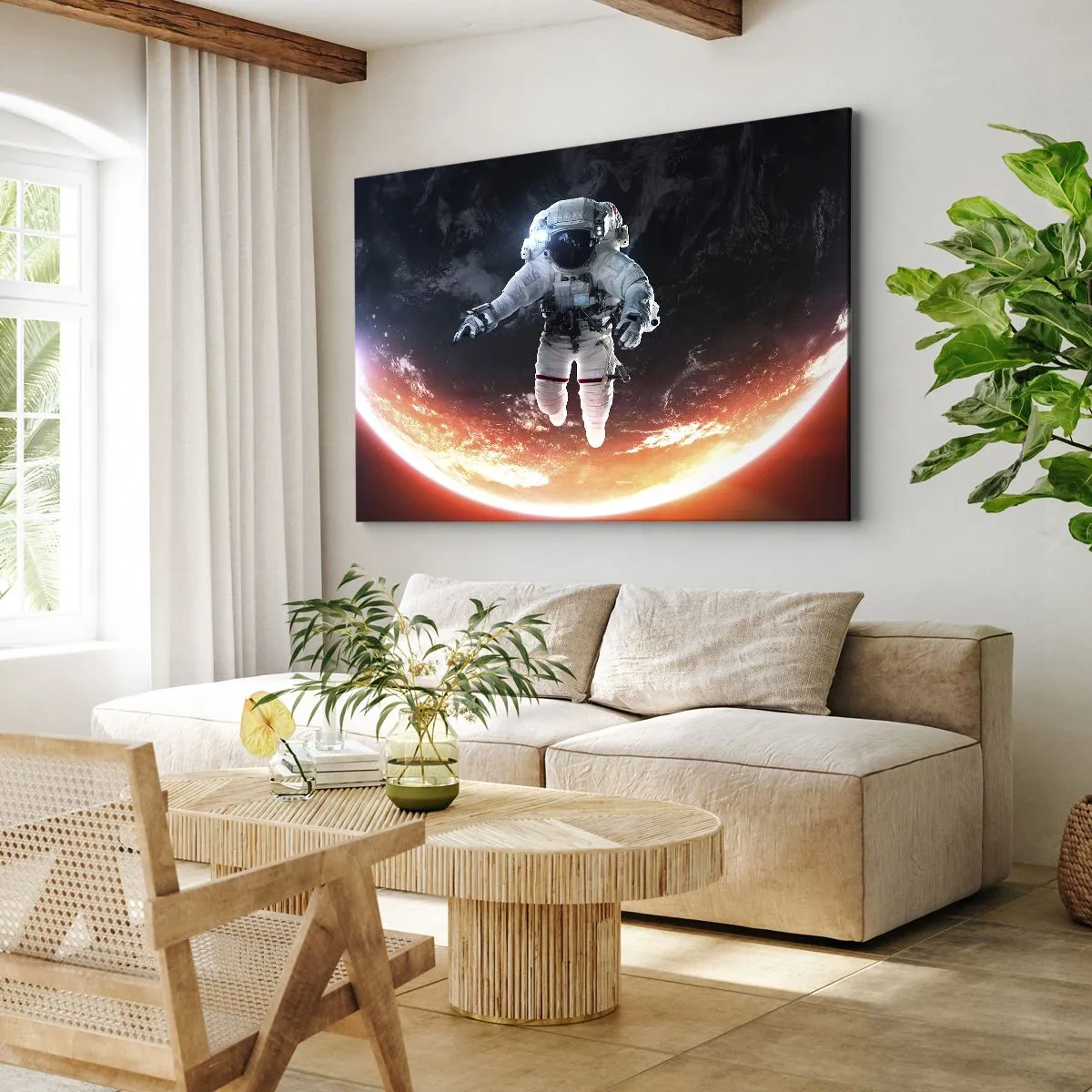 Obraz na plátně - Astronaut vznášející se nad sluncem zalitou Zemí - 70x50cm - Mohu zůstat ještě chvilku? - Moderní nástěnná dekorace do obývacího pokoje a ložnice ARTTOR
