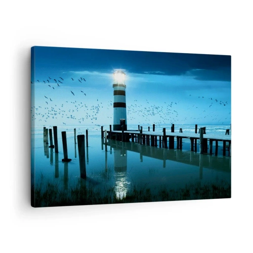 Obraz na plátně - Maják na molu osvětlený v noci - 70x50cm - A nebojíš se tmy - Moderní nástěnná dekorace do obývacího pokoje a ložnice ARTTOR