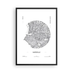 Plakát v černém rámu - Minimalistická mapa Marseille v kruhu - 50x70cm - Anatomie Marseille - Moderní nástěnná dekorace do obývacího pokoje a ložnice ARTTOR