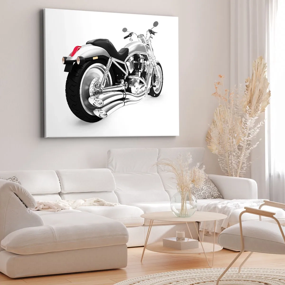 Obraz na plátně - Chromovaný motocykl na bílém pozadí - 70x50cm - Sny sběratele - Moderní nástěnná dekorace do obývacího pokoje a ložnice ARTTOR
