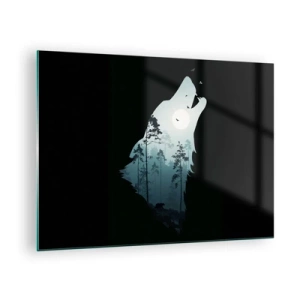 Obraz na skle - Silueta vlka s lesem a měsícem v pozadí na černém pozadí - 70x50cm - Hlas lesní noci - Moderní nástěnná dekorace do obývacího pokoje a ložnice ARTTOR