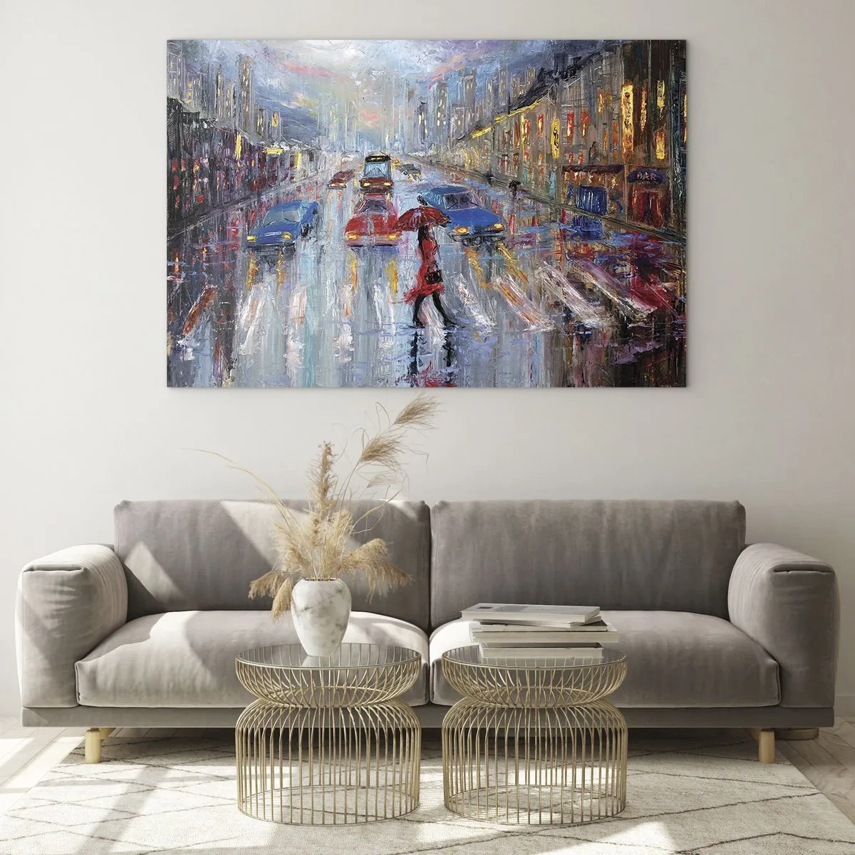 Obraz na skle - Městská scéna v noci s deštěm a barevnými světly - 70x50cm - Deštivé odpoledne ve městě - Moderní nástěnná dekorace do obývacího pokoje a ložnice ARTTOR