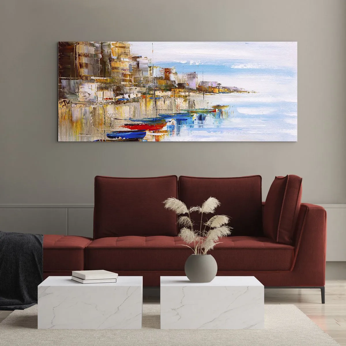 Obraz na skle - Vícebarevný městský přístav - 100x40 cm