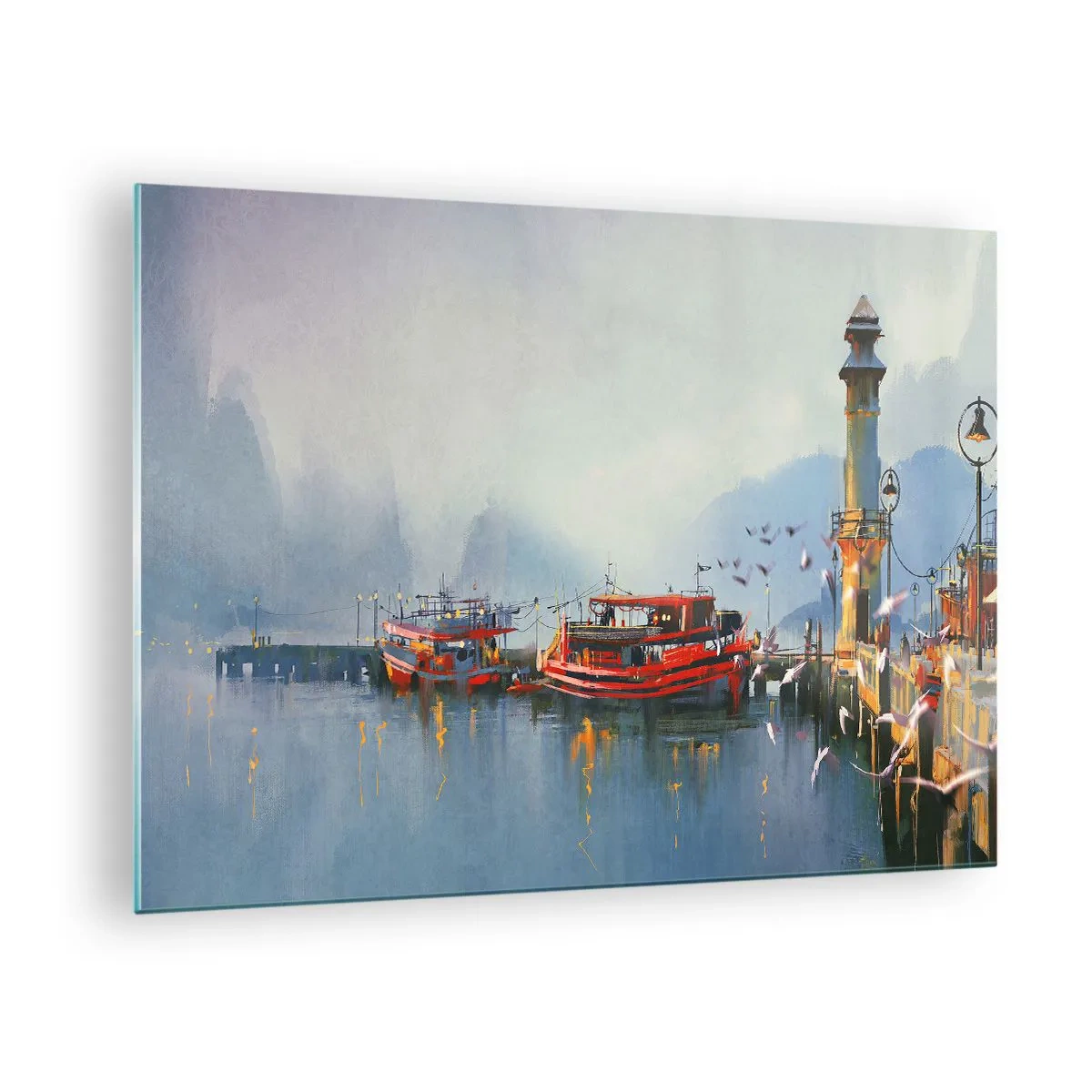 Obraz na skle - Přístav s červenými loděmi, majákem a ptáky na pozadí hor - 70x50cm - Na konci světa - Moderní nástěnná dekorace do obývacího pokoje a ložnice ARTTOR