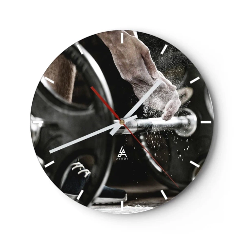 Nástěnné hodiny - Činka a ruka během tréninku - 30x30cm - Výzva přijatá! - Moderní nástěnná dekorace do obývacího pokoje, kuchyně a ložnice ARTTOR