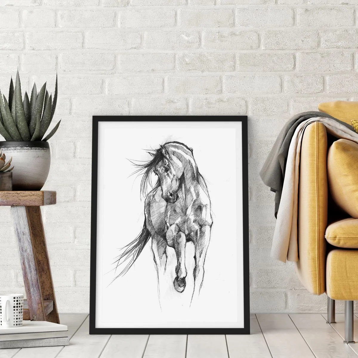 Plakát v černém rámu - Náčrt koně v dynamické póze - 50x70cm - V ladném klusu - Moderní nástěnná dekorace do obývacího pokoje a ložnice ARTTOR
