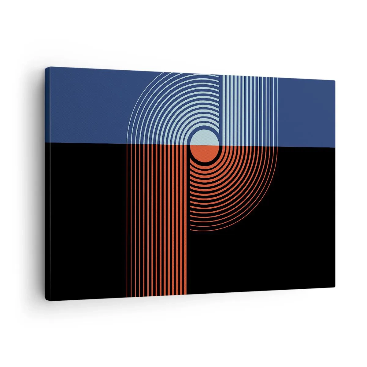 Obraz na plátně - Geometrická abstrakce s linkami v tmavě modré a oranžové barvě. - 70x50cm - V geometrickém objetí - Moderní nástěnná dekorace do obývacího pokoje a ložnice ARTTOR