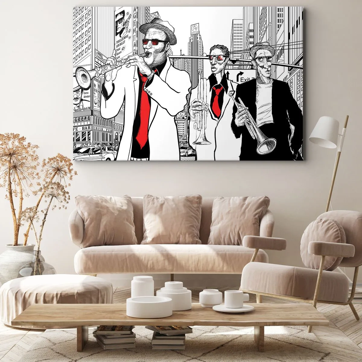 Obraz na plátně - Ilustrace jazzových hudebníků na městském pozadí - 70x50cm - Městská rapsodie v černé a červené - Moderní nástěnná dekorace do obývacího pokoje a ložnice ARTTOR
