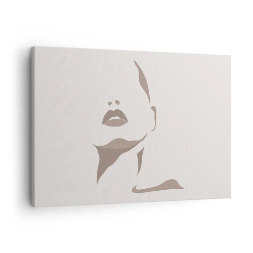 Obraz na plátně - Minimalistický obrys ženské tváře v jemných béžových tónech - 70x50cm - Stvořená ze světla a stínu - Moderní nástěnná dekorace do obývacího pokoje a ložnice ARTTOR