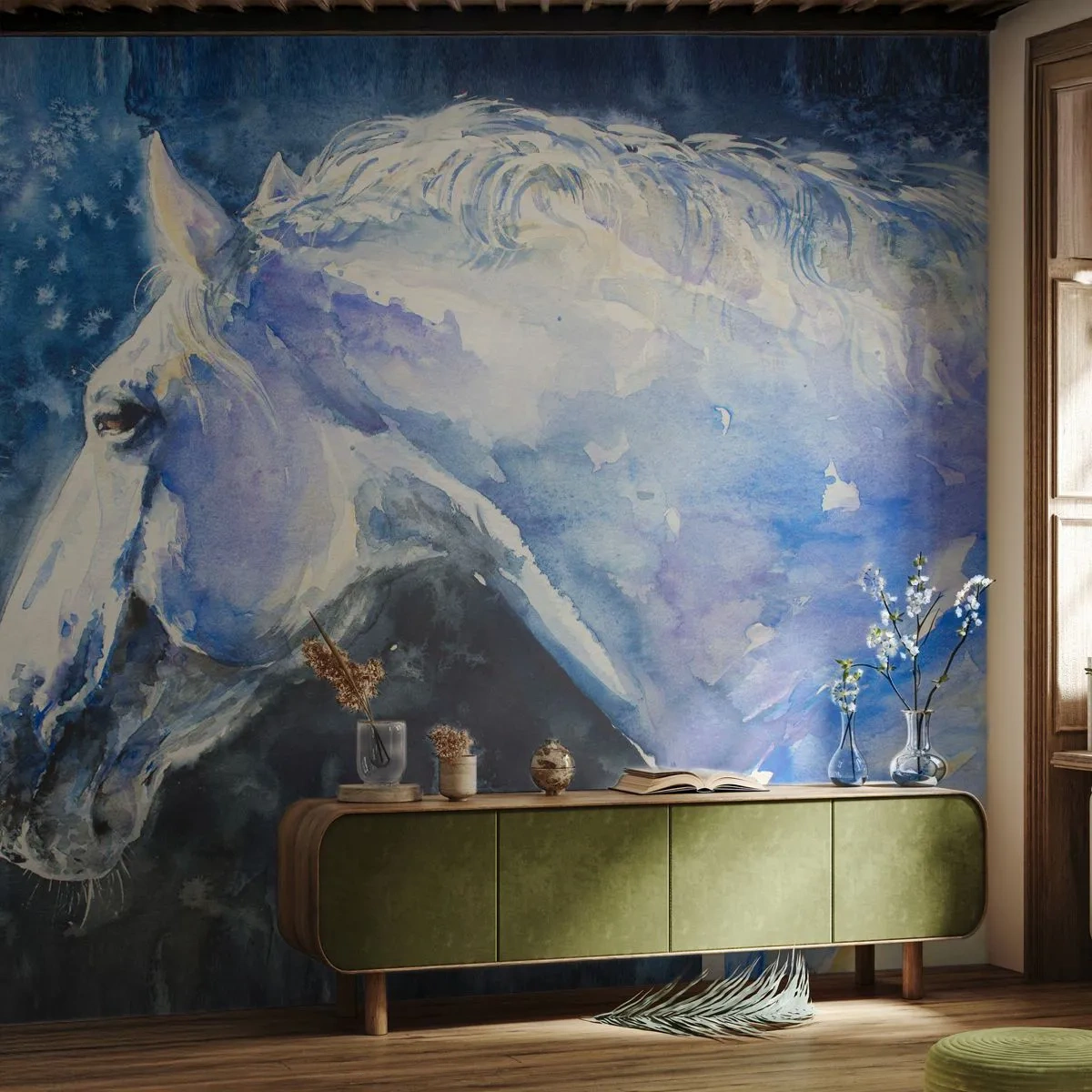 Fototapeta Premium Canvas - Portrét v modré záři - Kůň, Malování, Zvířata - 450x315 cm