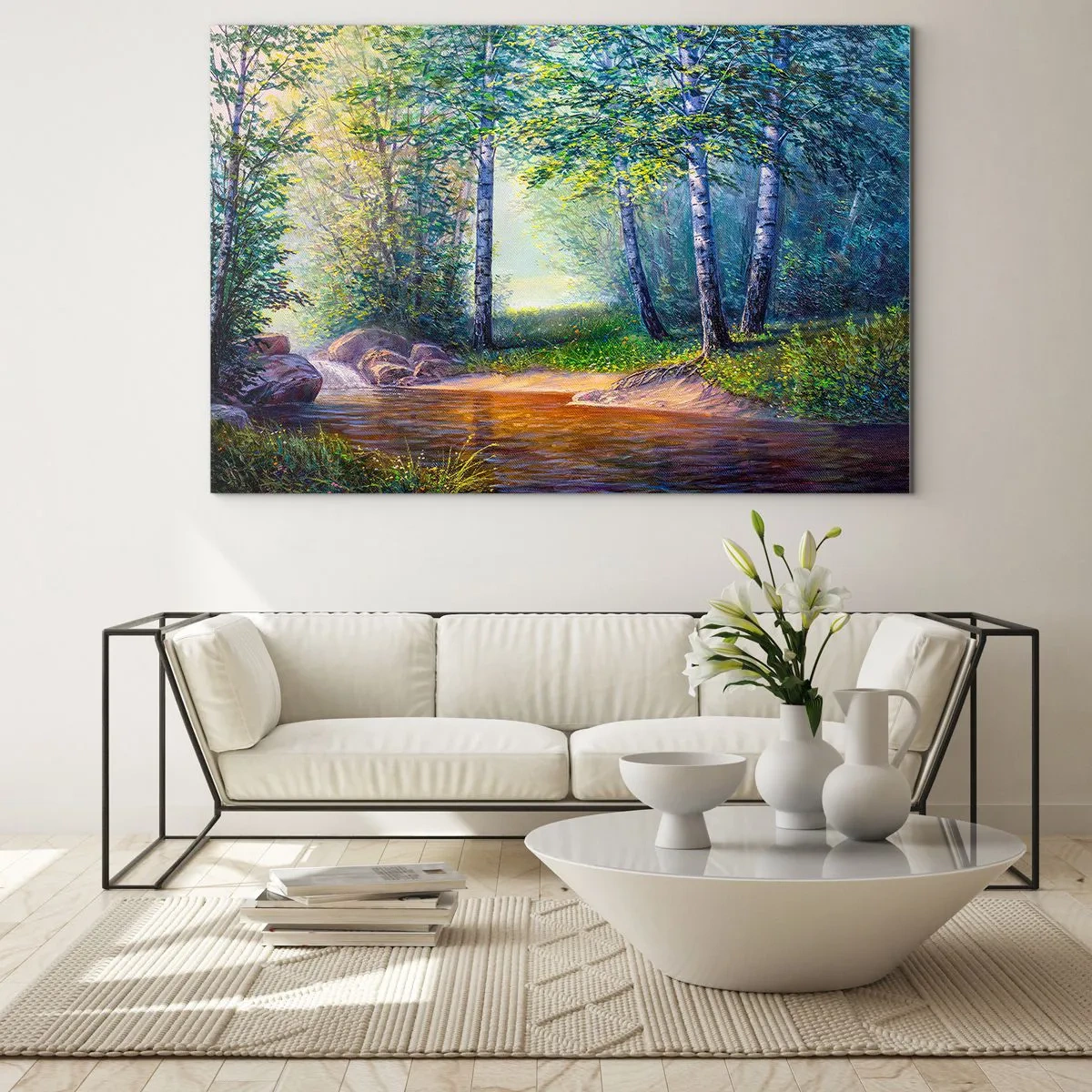 Obraz na skle - Lesní potok obklopený stromy v slunečních paprscích - 70x50cm - Scénář selanky - Moderní nástěnná dekorace do obývacího pokoje a ložnice ARTTOR