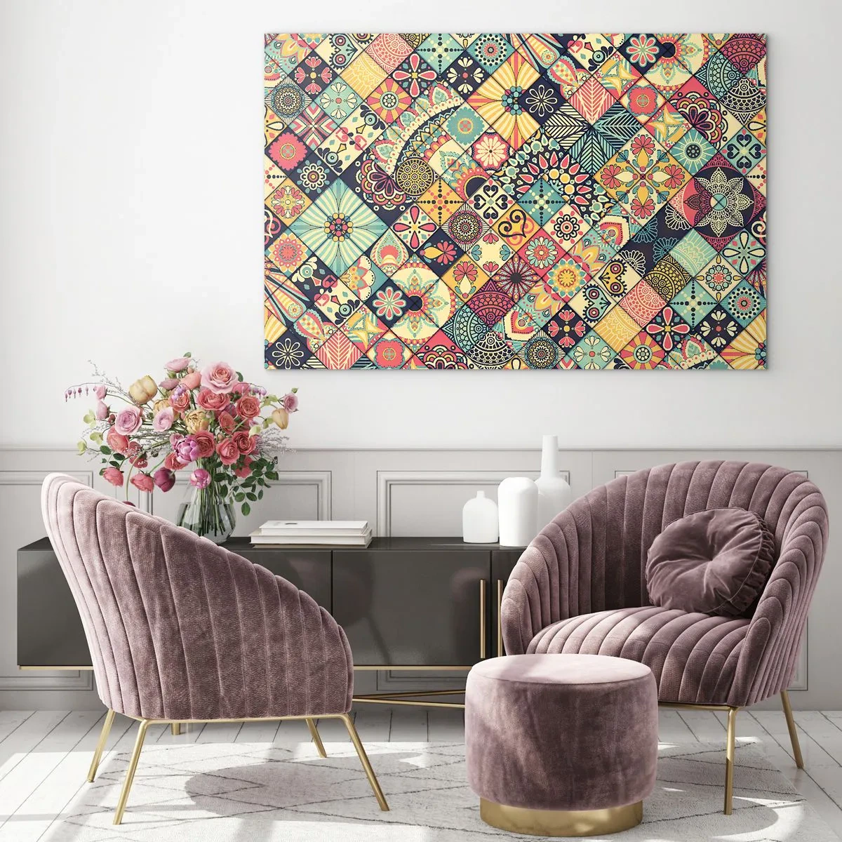 Obraz na skle - Barevný vzor inspirovaný marockými dlaždicemi s geometrickými motivy - 70x50cm - Marokánská vize - Moderní nástěnná dekorace do obývacího pokoje a ložnice ARTTOR