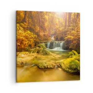 Obraz na plátně - Lesní vodopád ve zlaté - 50x50 cm