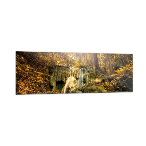 Obraz na skle - Lesní vodopád v zelené - 160x50 cm