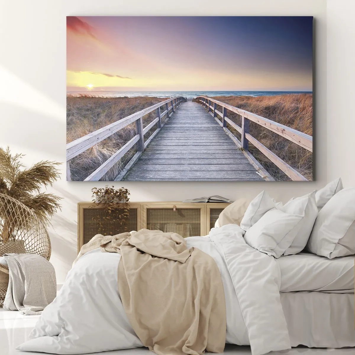 Obraz na plátně - Dřevěné molo vedoucí na pláž při západu slunce s oblohou natřenou pastelovými barvami. - 70x50cm - Baltská večerní polární záře - Moderní nástěnná dekorace do obývacího pokoje a ložnice ARTTOR