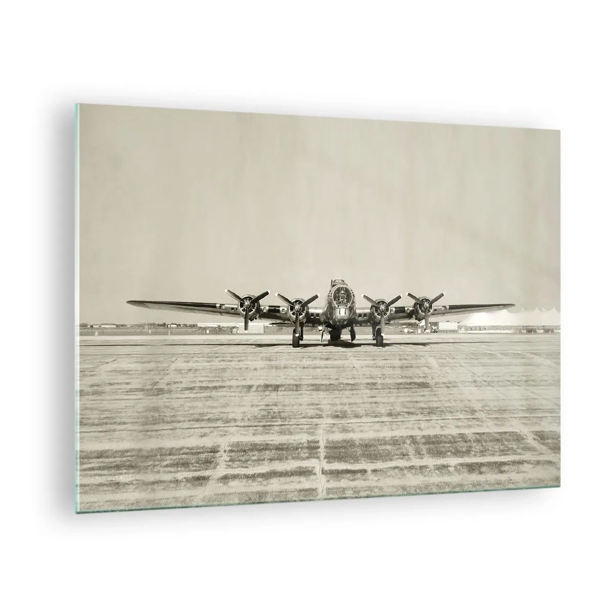 Obraz na skle - Historické letadlo na letišti v sépiovém stylu - 70x50cm - Jako vždy připraven - Moderní nástěnná dekorace do obývacího pokoje a ložnice ARTTOR