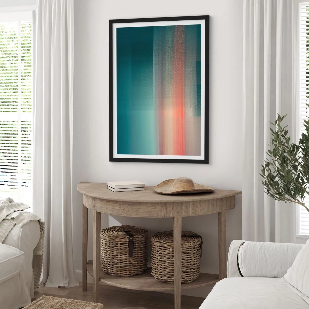 Plakát v černém rámu - Abstraktní hra světla v odstínech tyrkysové a červené. - 50x70cm - Abstrakce: vlny světla - Moderní nástěnná dekorace do obývacího pokoje a ložnice ARTTOR