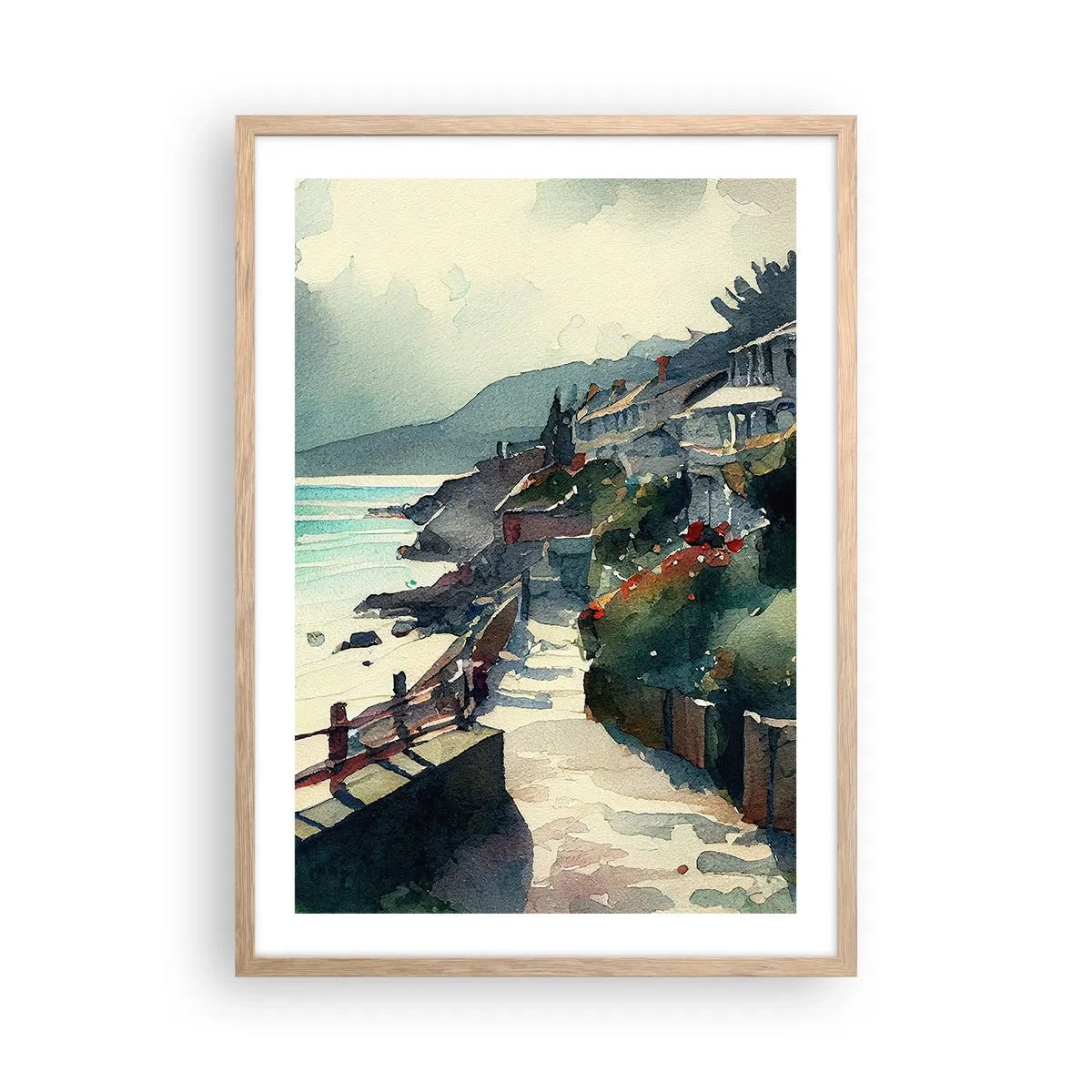 Plakát v rámu světlý dub - Středomořské městečko - 50x70 cm