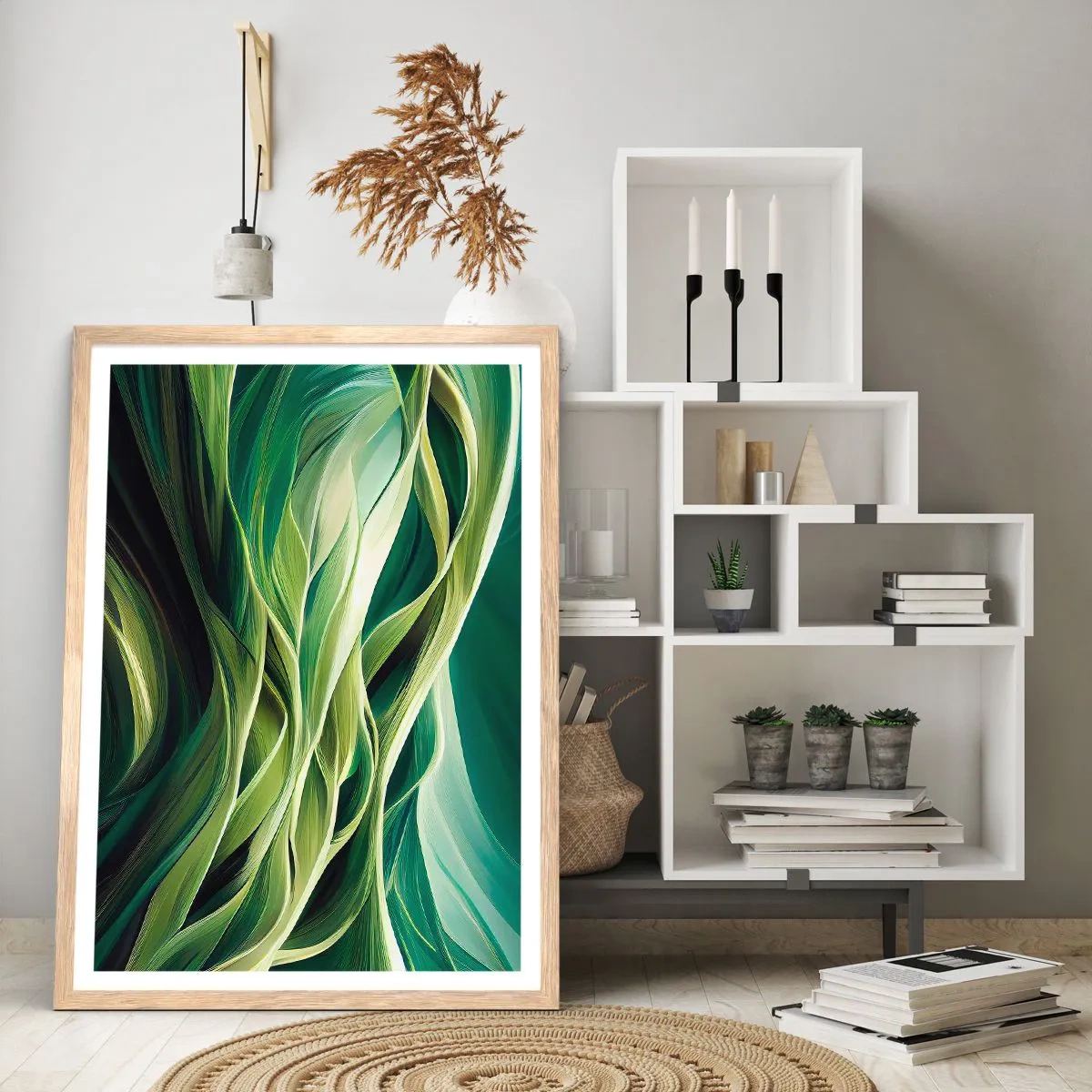 Plakát v rámu světlý dub - Abstraktní hra na zelenou - 50x70 cm