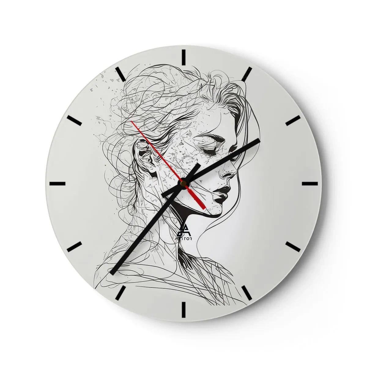 Nástěnné hodiny - Černobílá skica ženské tváře v zamyšlení - 30x30cm - Portrét v zamyšlení - Moderní nástěnná dekorace do obývacího pokoje, kuchyně a ložnice ARTTOR