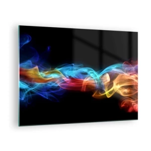 Obraz na skle - Barevné pruhy kouře na černém pozadí vytvářející abstraktní vzor - 70x50cm - Duhový tanec mlhy - Moderní nástěnná dekorace do obývacího pokoje a ložnice ARTTOR