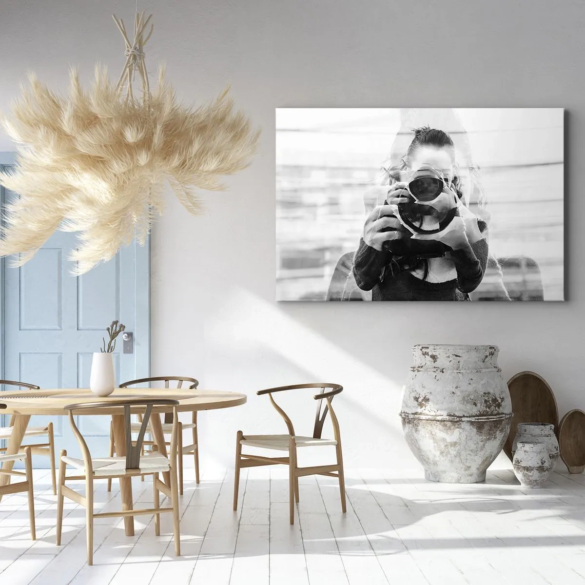 Obraz na plátně - Černobílý portrét fotografa s dvojitou expozicí - 70x50cm - Tvůrce a materiál - Moderní nástěnná dekorace do obývacího pokoje a ložnice ARTTOR