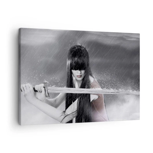 Obraz na plátně - Žena s mečem v dešti s dynamickým a tajemným vzhledem - 70x50cm - Krásná a nebezpečná - Moderní nástěnná dekorace do obývacího pokoje a ložnice ARTTOR