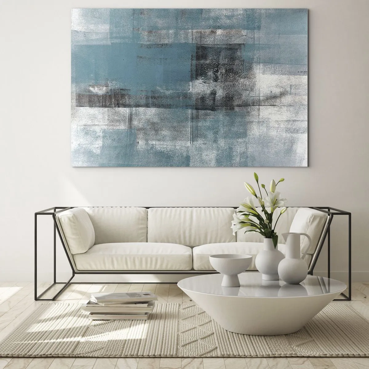 Obraz na skle - Abstrakce v odstínech modré a šedé s geometrickými tvary - 70x50cm - Voda a vzduch - Moderní nástěnná dekorace do obývacího pokoje a ložnice ARTTOR