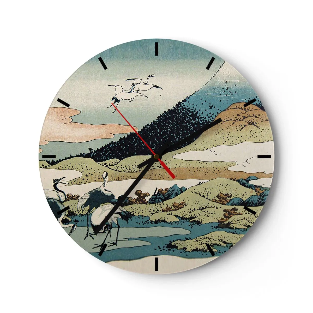 Nástěnné hodiny - Japonská scéna s ptáky na pozadí horské krajiny - 30x30cm - V japonském duchu - Moderní nástěnná dekorace do obývacího pokoje, kuchyně a ložnice ARTTOR