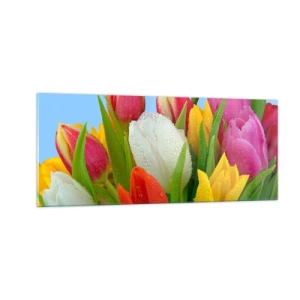Obraz na skle - Květinová duha v kapkách rosy - 100x40 cm