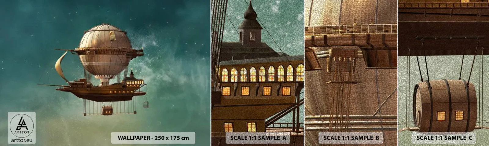 Vzor Fototapety Premium Sand - Julius Verne zdraví - Retro, Výlet, Balón - 100x30 cm