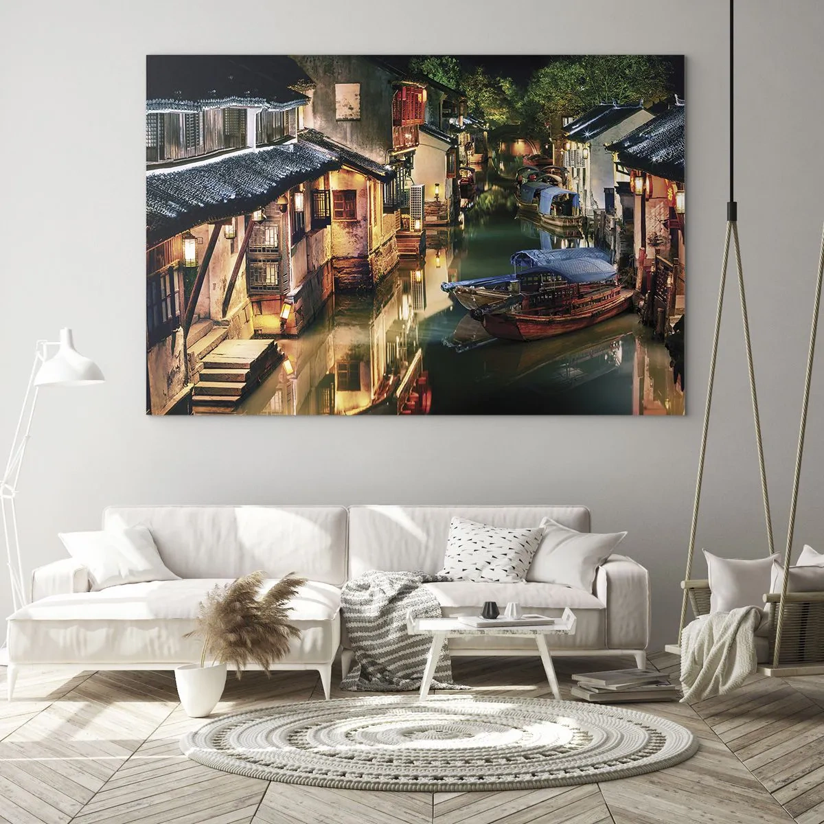 Obraz na skle - Čínská ulice v noci s loděmi a světly podél kanálu - 70x50cm - Večer na čínské ulici - Moderní nástěnná dekorace do obývacího pokoje a ložnice ARTTOR