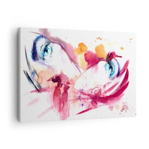 Obraz na plátně - Abstraktní tvář s výraznýma očima a červenými akcenty. - 70x50cm - V blízkosti svět rozkvétá - Moderní nástěnná dekorace do obývacího pokoje a ložnice ARTTOR