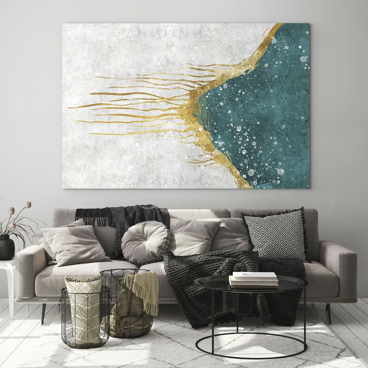 Obraz na skle - Abstraktní zlatý vzor na tyrkysově bílém pozadí - 70x50cm - Zlatý příliv - Moderní nástěnná dekorace do obývacího pokoje a ložnice ARTTOR
