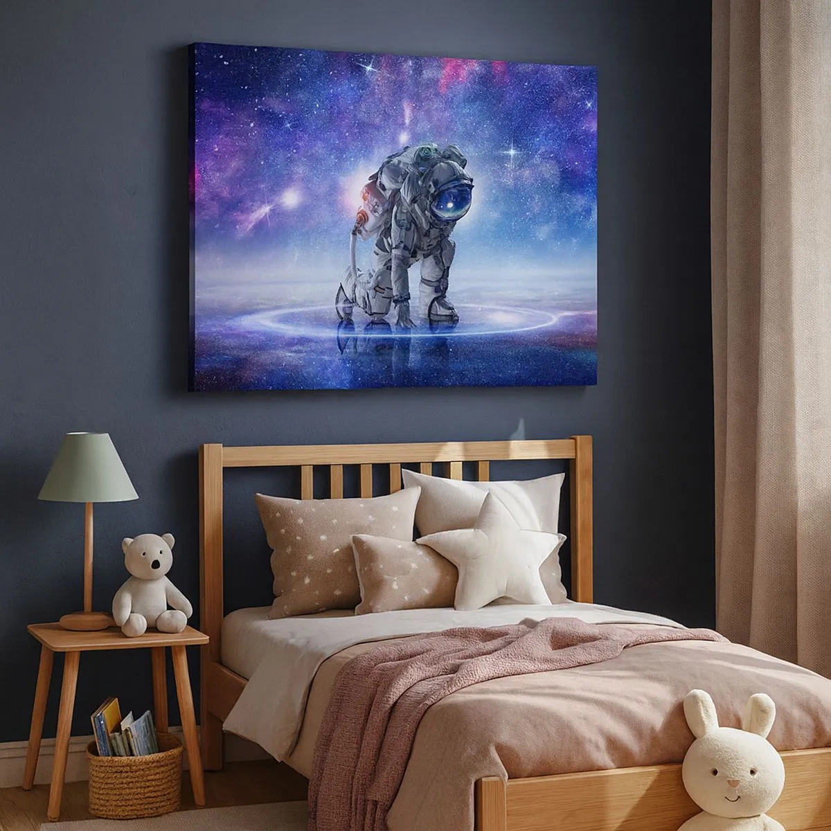 Obraz na plátně - Astronaut v galaktické krajině - 70x50cm - Hvězdné nebe nade mnou - Moderní nástěnná dekorace do obývacího pokoje a ložnice ARTTOR