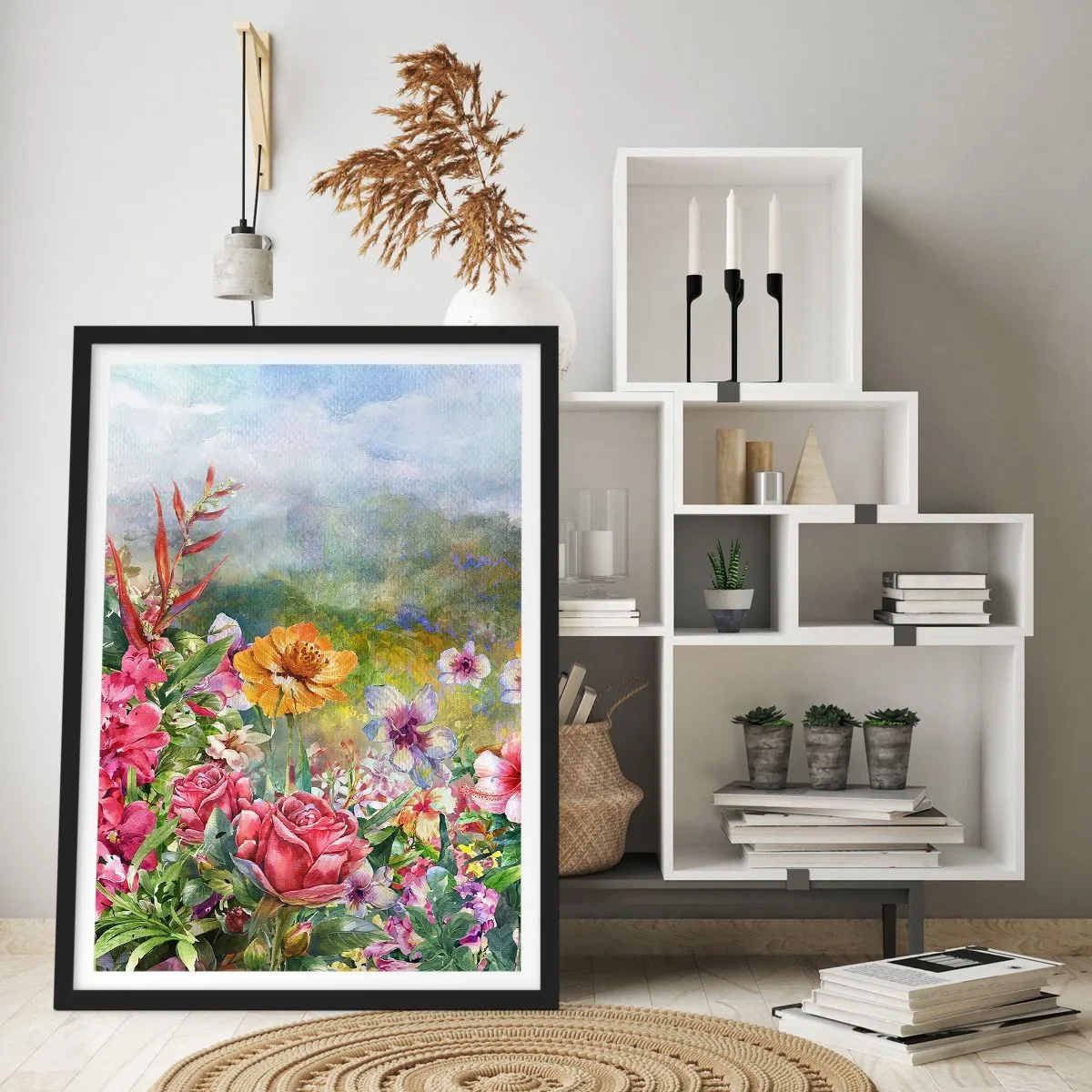 Plakát v černém rámu - Pole květin za slunečného dne - 50x70cm - Zahrada, která se zbláznila - Moderní nástěnná dekorace do obývacího pokoje a ložnice ARTTOR