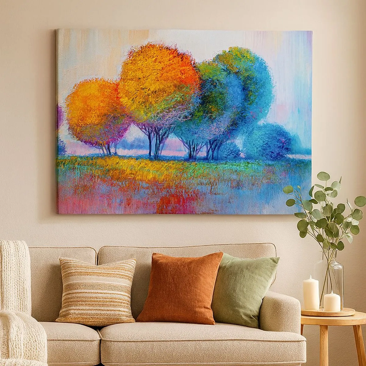 Obraz na plátně - Barevné stromy v impresionistické krajině - 70x50cm - Trs zářivých barev - Moderní nástěnná dekorace do obývacího pokoje a ložnice ARTTOR