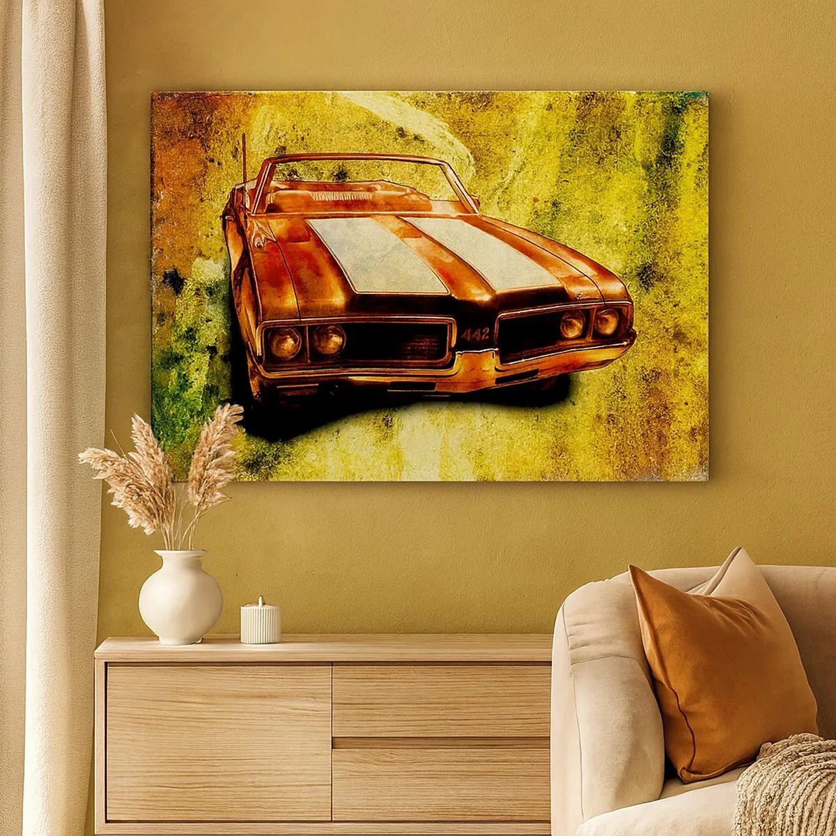 Obraz na plátně - Sportovní retro kabriolet ve zlatých tónech na vintage pozadí - 70x50cm - Síla začarovaná do tvarů - Moderní nástěnná dekorace do obývacího pokoje a ložnice ARTTOR