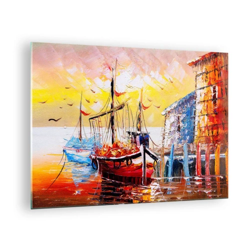 Obraz na skle - Barevné plachetnice při západu slunce - 70x50cm - Šťastný návrat - Moderní nástěnná dekorace do obývacího pokoje a ložnice ARTTOR