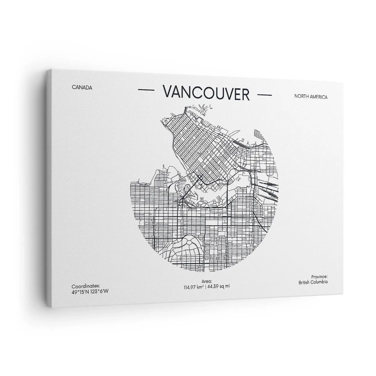 Obraz na plátně - Mapa Vancouveru v minimalistickém černobílém stylu - 70x50cm - Anatomie Vancouveru - Moderní nástěnná dekorace do obývacího pokoje a ložnice ARTTOR
