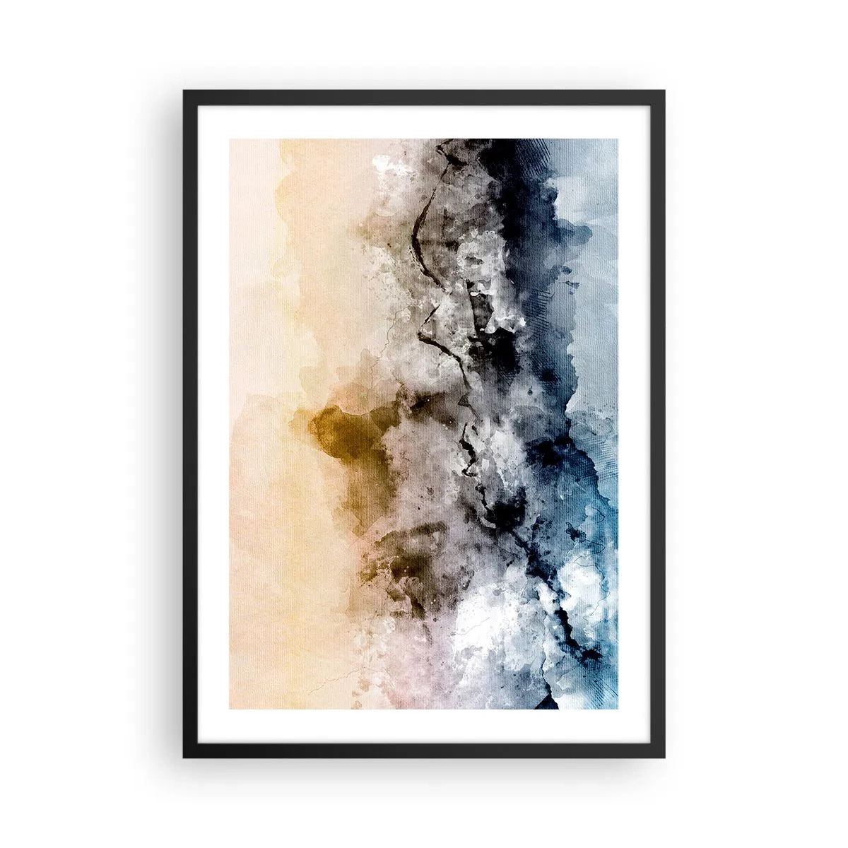 Plakát v černém rámu - Abstraktní kompozice v odstínech modré a béžové - 50x70cm - Ponořené do mračna mlhy - Moderní nástěnná dekorace do obývacího pokoje a ložnice ARTTOR