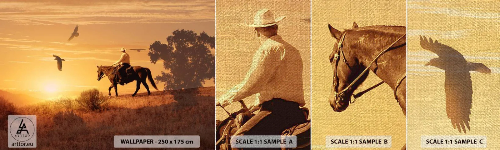 Vzor Fototapety Premium Canvas - Sám prérií - Kůň, Kovboj, Krajina - 100x30 cm