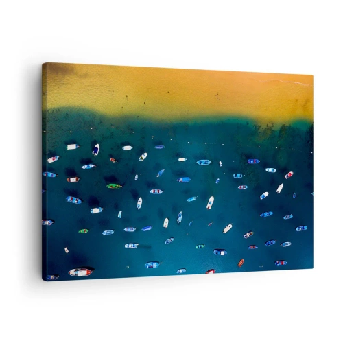 Obraz na plátně - Letecký pohled na lodě na vodě a písečné pobřeží - 70x50cm - Prázdninová hra - Moderní nástěnná dekorace do obývacího pokoje a ložnice ARTTOR