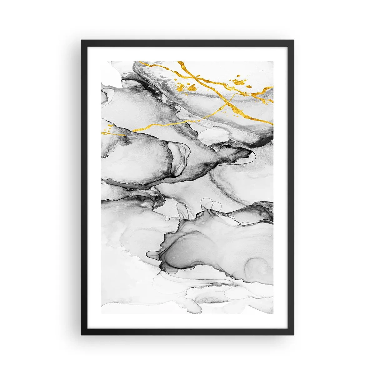 Plakát v černém rámu - Abstraktní kompozice v odstínech šedé se zlatými akcenty. - 50x70cm - Kompozice se zlatým motivem - Moderní nástěnná dekorace do obývacího pokoje a ložnice ARTTOR