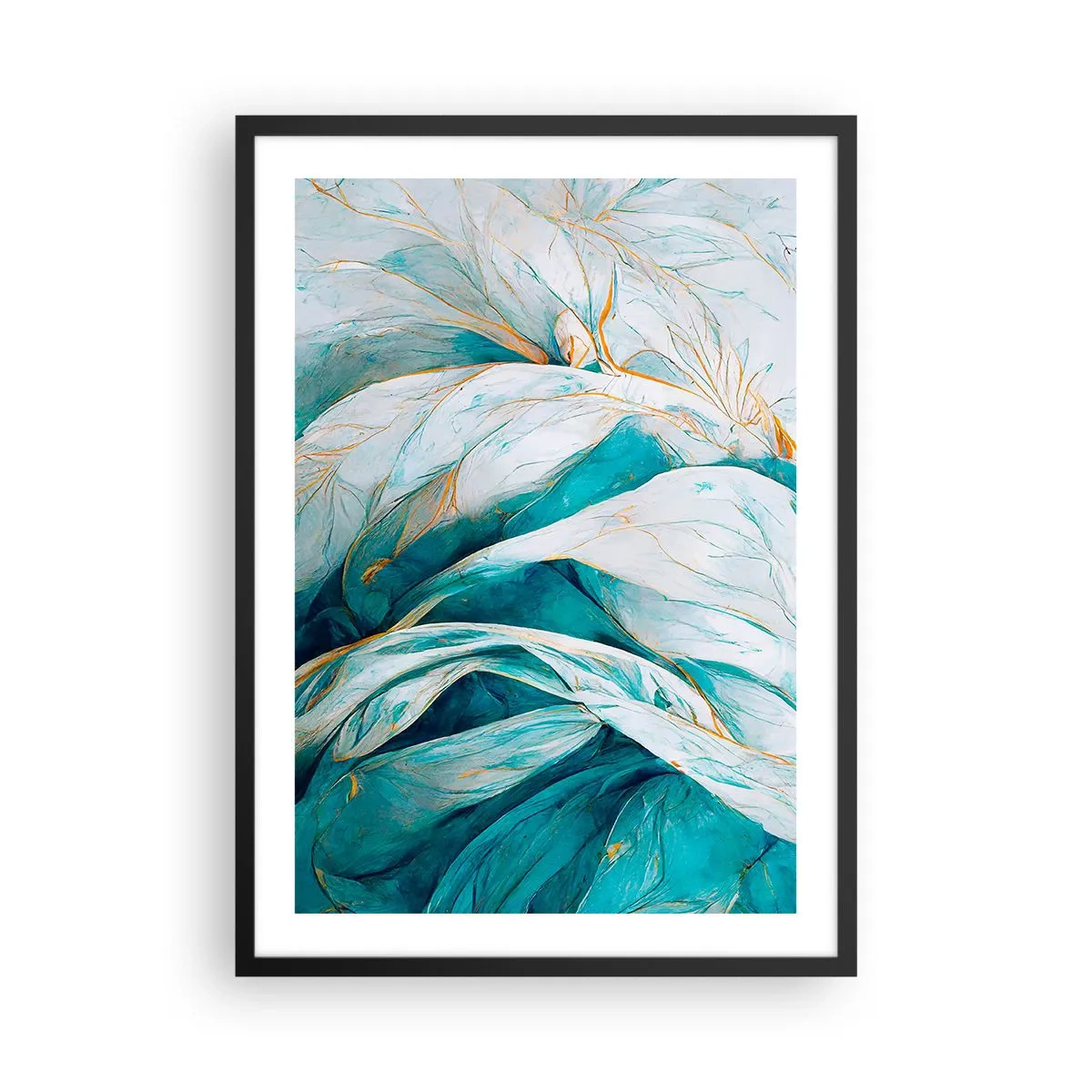 Plakát v černém rámu - Abstraktní listy v odstínech tyrkysové a bílé s jemnou zlatou - 50x70cm - Modrá abstrakce se zlatým motivem - Moderní nástěnná dekorace do obývacího pokoje a ložnice ARTTOR