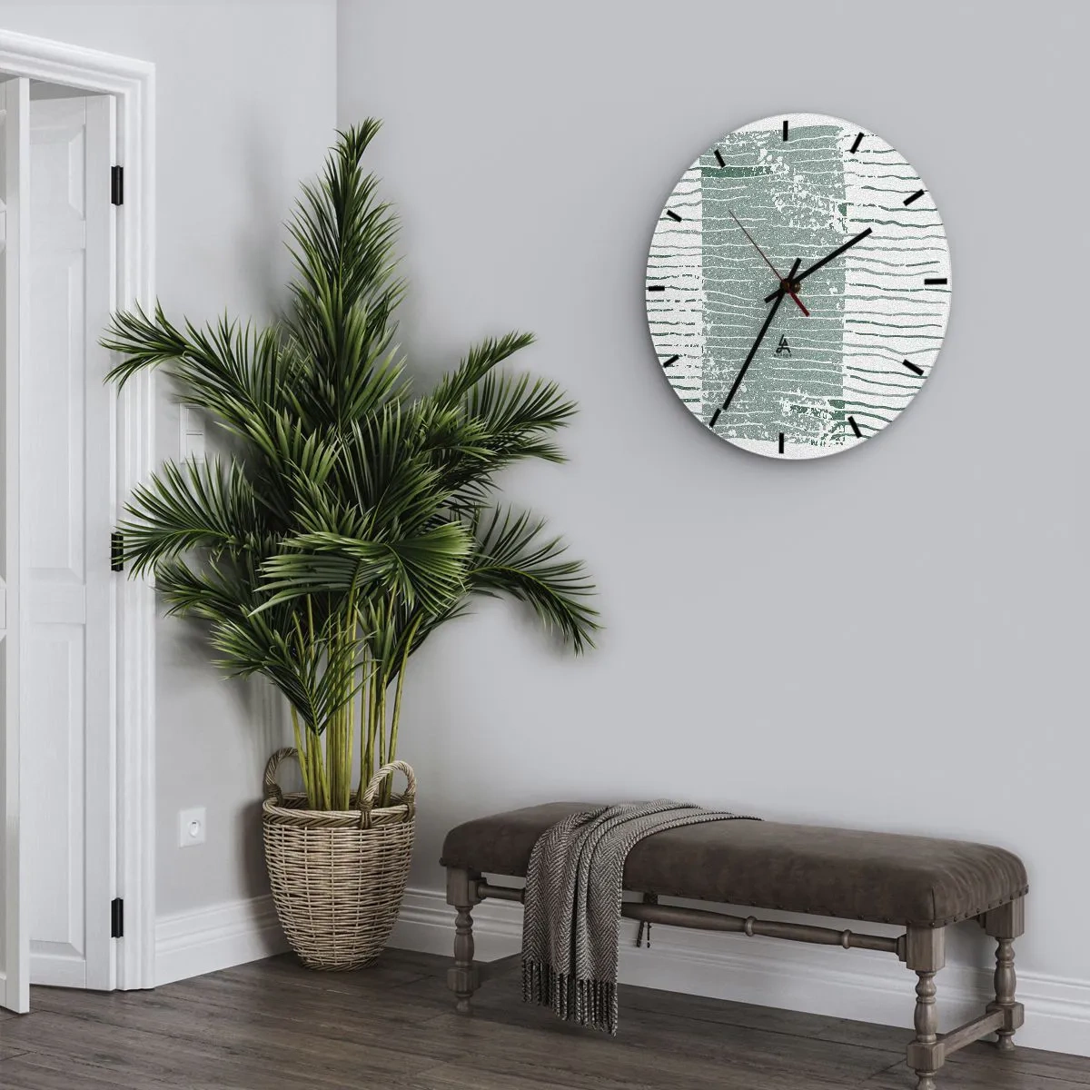 Nástěnné hodiny - Grafická kompozice s vodorovnými liniemi v odstínech mořské zelené. - 30x30cm - Mořská abstrakce - Moderní nástěnná dekorace do obývacího pokoje, kuchyně a ložnice ARTTOR