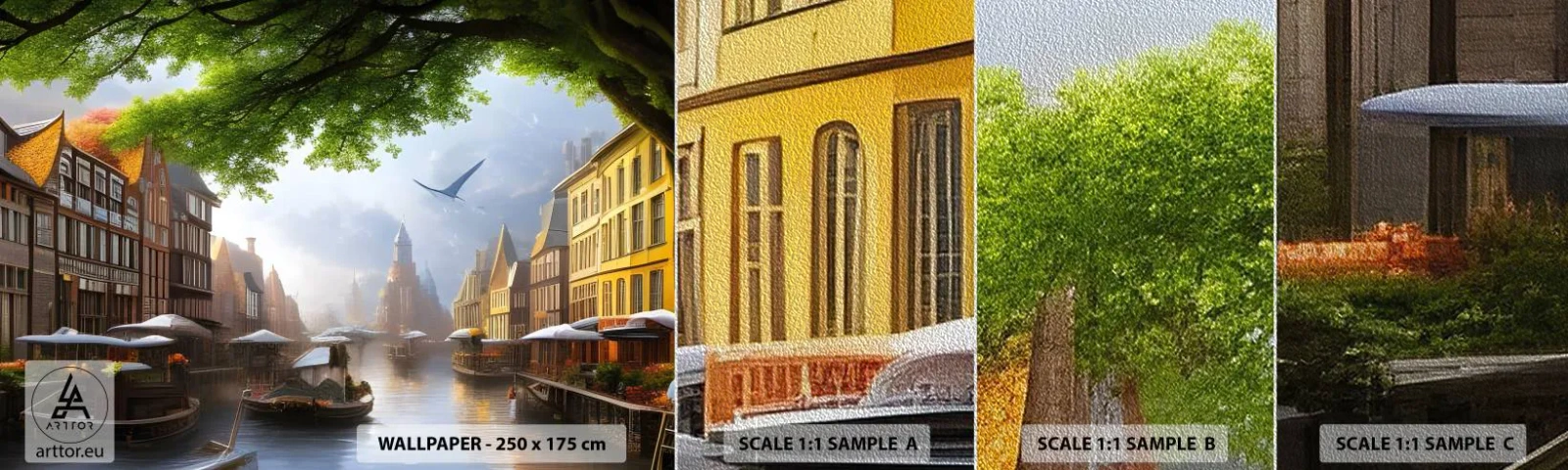 Vzor Fototapety Premium Sand - Nizozemská městská krajinka - Staré Město, Lodě, Kanál - 100x30 cm