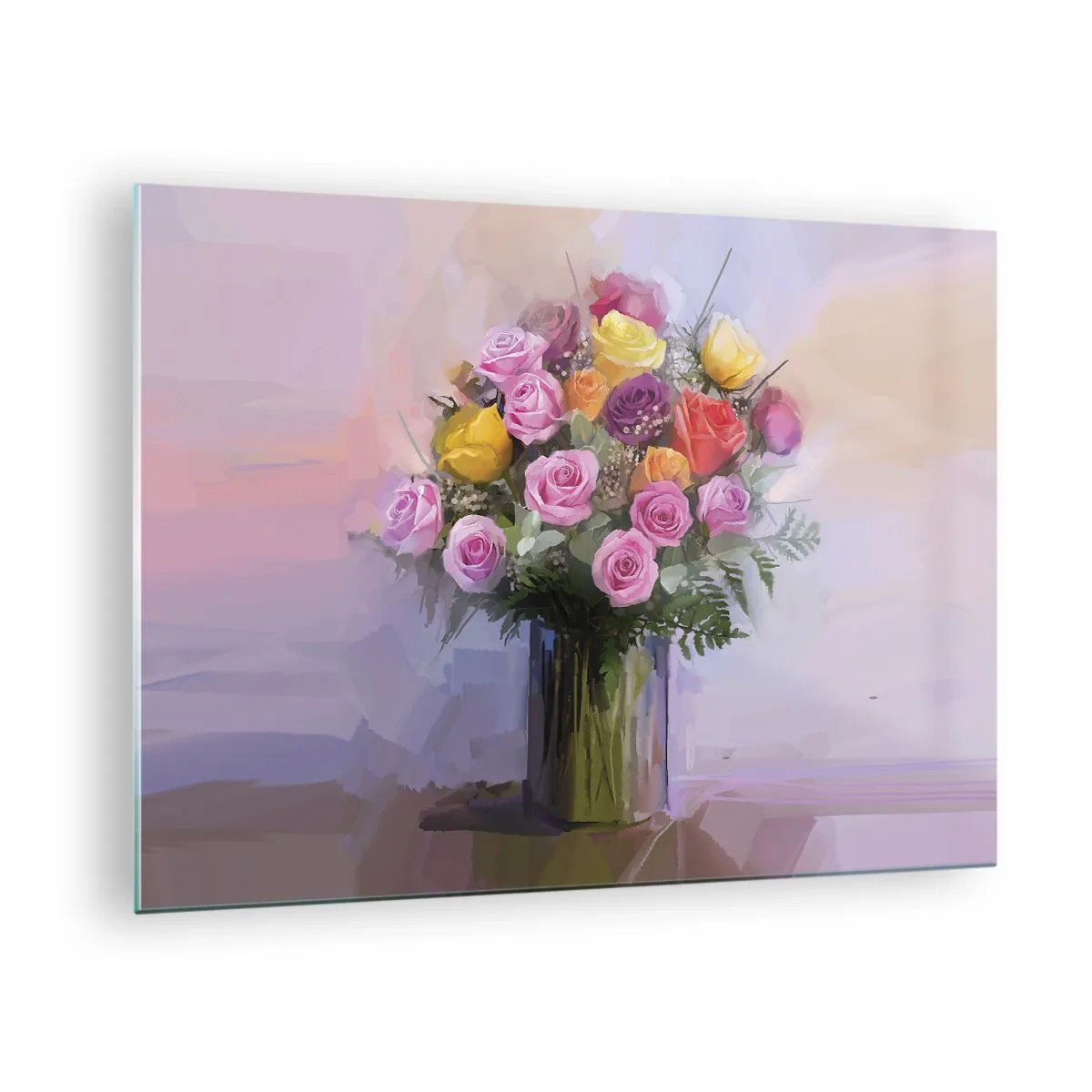 Obraz na skle - Kytice růží ve skleněné váze na pastelovém pozadí - 70x50cm - Zachycená krása - Moderní nástěnná dekorace do obývacího pokoje a ložnice ARTTOR