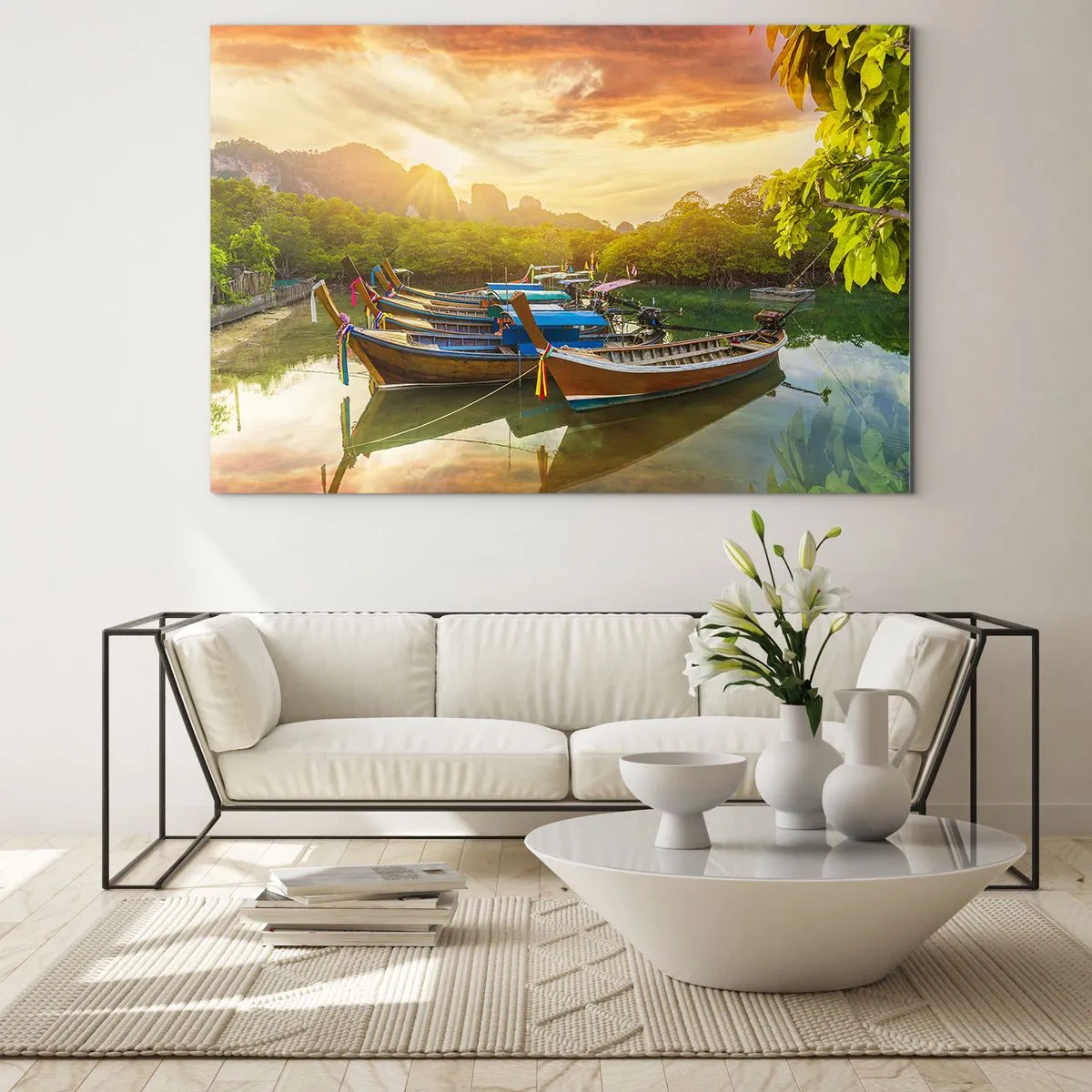 Obraz na skle - Tradiční lodě v tropické krajině při západu slunce - 70x50cm - Před rušným dnem - Moderní nástěnná dekorace do obývacího pokoje a ložnice ARTTOR