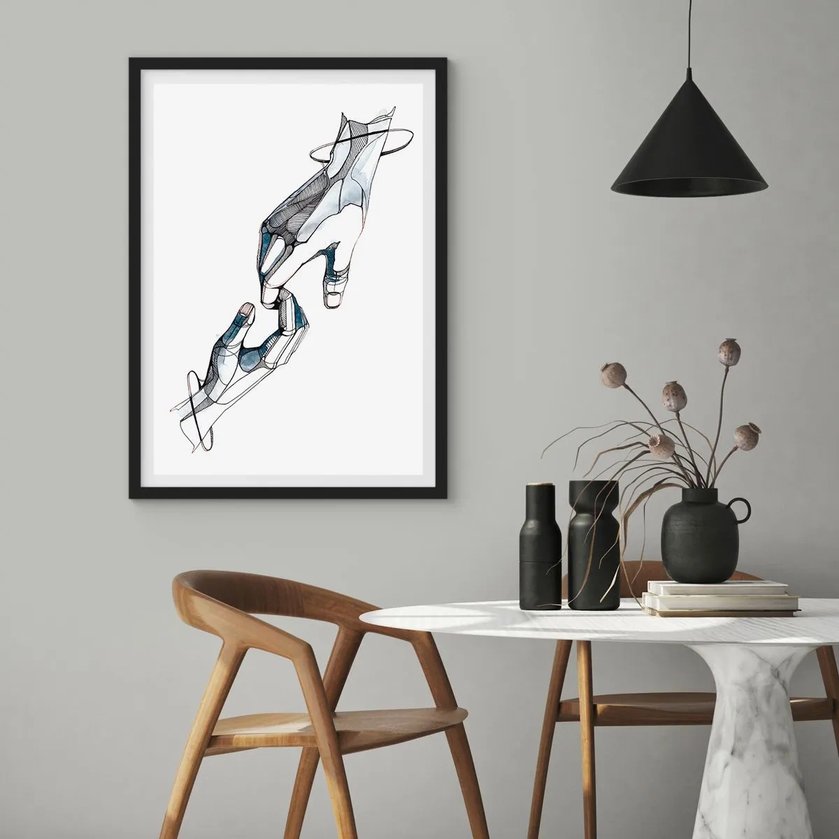 Plakát v černém rámu - Abstraktní ruce v umělecké kompozici čar a barev - 50x70cm - Dobré gesto - Moderní nástěnná dekorace do obývacího pokoje a ložnice ARTTOR